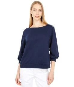 Vince Camuto Puff Sleeve Solid Terry Snap Shoulder Top
