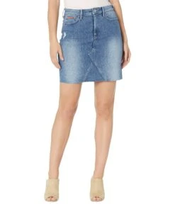 NYDJ High-Rise A-Line Denim Skirt W/ Multicolor Contrast Piping In Destructed Lunar